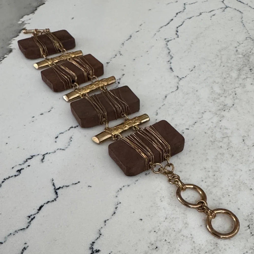 Handmade Brown Wood and Gold Wrapped Bracelet